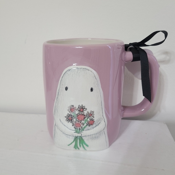 Purple Cute Ghost Rae Dunn Mug HEY BOO Halloween Rae Dunn Ghost with Flowers Mug - Picture 2 of 6